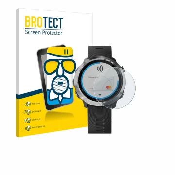 Parte frontal de un envase de producto con el logotipo de la marca BROTECT. Al lado se muestra el dispositivo Garmin Forerunne