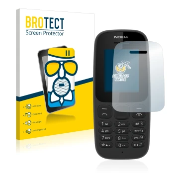 Parte frontal de un envase de producto con el logotipo de la marca BROTECT. Al lado se muestra el dispositivo Nokia 105 2017 c