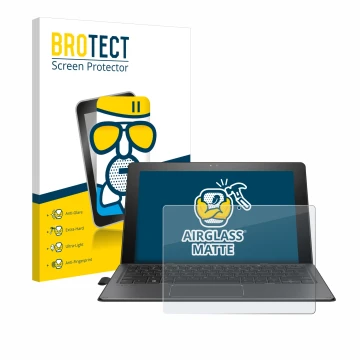 Parte frontal de un envase de producto con el logotipo de la marca BROTECT. Al lado se muestra el dispositivo HP Pro x2 612 G2