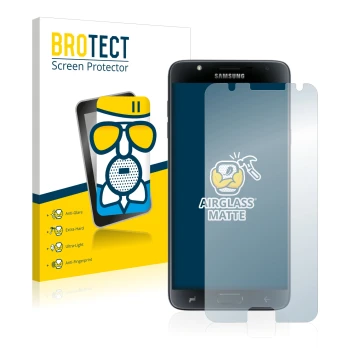 Parte frontal de un envase de producto con el logotipo de la marca BROTECT. Al lado se muestra el dispositivo Samsung Galaxy J
