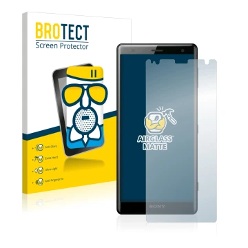 Parte frontal de un envase de producto con el logotipo de la marca BROTECT. Al lado se muestra el dispositivo Sony Xperia XZ2 