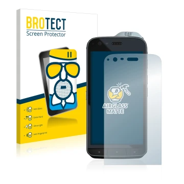 Parte frontal de un envase de producto con el logotipo de la marca BROTECT. Al lado se muestra el dispositivo Caterpillar Cat 