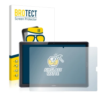 Parte frontal de un envase de producto con el logotipo de la marca BROTECT. Al lado se muestra el dispositivo Huawei MediaPad 