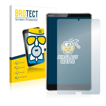 Parte frontal de un envase de producto con el logotipo de la marca BROTECT. Al lado se muestra el dispositivo Huawei MediaPad 