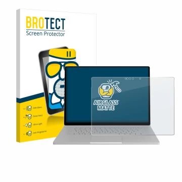 Parte frontal de un envase de producto con el logotipo de la marca BROTECT. Al lado se muestra el dispositivo Microsoft Surfac