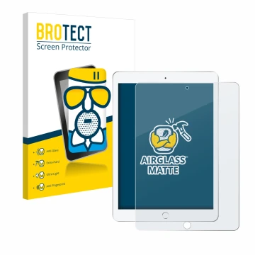 Parte frontal de un envase de producto con el logotipo de la marca BROTECT. Al lado se muestra el dispositivo Apple iPad 9.7