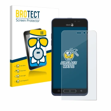 Parte frontal de un envase de producto con el logotipo de la marca BROTECT. Al lado se muestra el dispositivo Doro 8035 con su