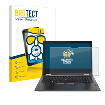 Parte frontal de un envase de producto con el logotipo de la marca BROTECT. Al lado se muestra el dispositivo Lenovo ThinkPad 