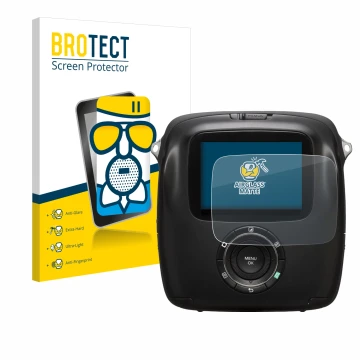 Parte frontal de un envase de producto con el logotipo de la marca BROTECT. Al lado se muestra el dispositivo Fujifilm Instax 