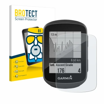Parte frontal de un envase de producto con el logotipo de la marca BROTECT. Al lado se muestra el dispositivo Garmin Edge 130 