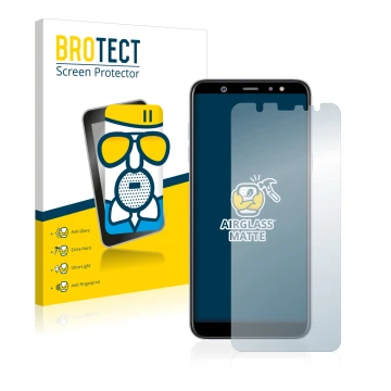 Parte frontal de un envase de producto con el logotipo de la marca BROTECT. Al lado se muestra el dispositivo Samsung Galaxy A