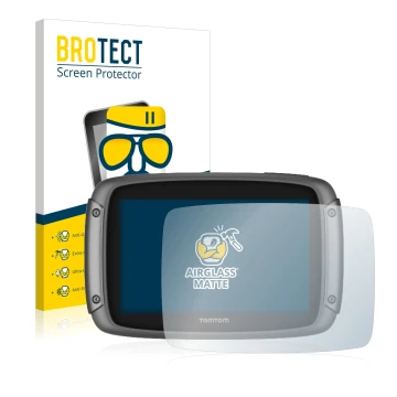 Parte frontal de un envase de producto con el logotipo de la marca BROTECT. Al lado se muestra el dispositivo TomTom Rider 500