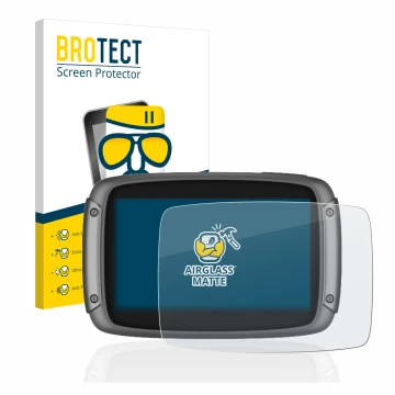 Parte frontal de un envase de producto con el logotipo de la marca BROTECT. Al lado se muestra el dispositivo TomTom Rider 550