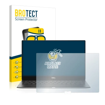 Parte frontal de un envase de producto con el logotipo de la marca BROTECT. Al lado se muestra el dispositivo Dell XPS 13 9370