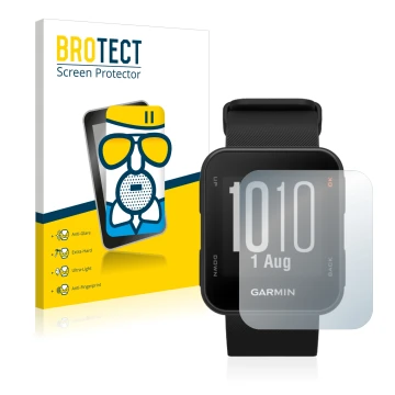 Parte frontal de un envase de producto con el logotipo de la marca BROTECT. Al lado se muestra el dispositivo Garmin Approach 