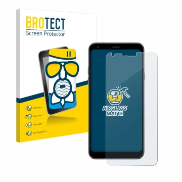 Parte frontal de un envase de producto con el logotipo de la marca BROTECT. Al lado se muestra el dispositivo LG Q7 con su pro