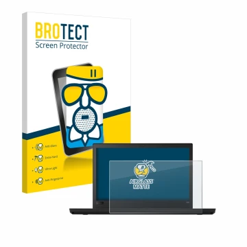 Parte frontal de un envase de producto con el logotipo de la marca BROTECT. Al lado se muestra el dispositivo Lenovo ThinkPad 