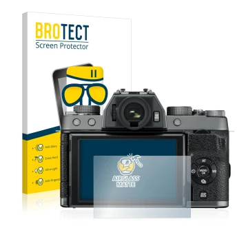 Parte frontal de un envase de producto con el logotipo de la marca BROTECT. Al lado se muestra el dispositivo Fujifilm X-T100 