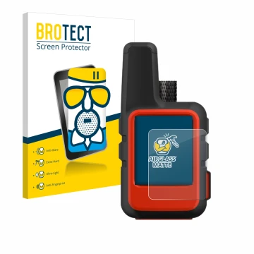 Parte frontal de un envase de producto con el logotipo de la marca BROTECT. Al lado se muestra el dispositivo Garmin inReach M