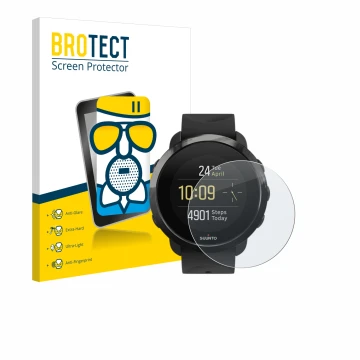 Parte frontal de un envase de producto con el logotipo de la marca BROTECT. Al lado se muestra el dispositivo Suunto 3 Fitness
