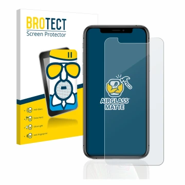 Parte frontal de un envase de producto con el logotipo de la marca BROTECT. Al lado se muestra el dispositivo Apple iPhone Xs 