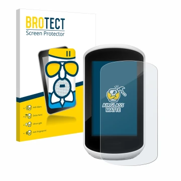 Parte frontal de un envase de producto con el logotipo de la marca BROTECT. Al lado se muestra el dispositivo Garmin Edge Expl