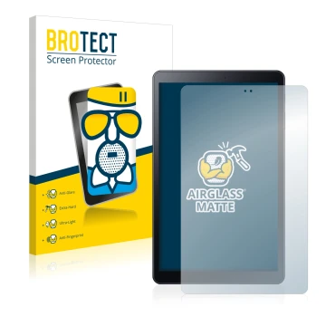 Parte frontal de un envase de producto con el logotipo de la marca BROTECT. Al lado se muestra el dispositivo Samsung Galaxy T