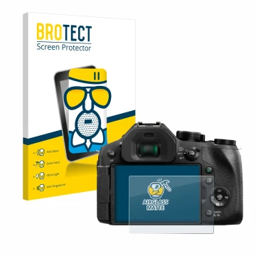 Parte frontal de un envase de producto con el logotipo de la marca BROTECT. Al lado se muestra el dispositivo Panasonic Lumix 