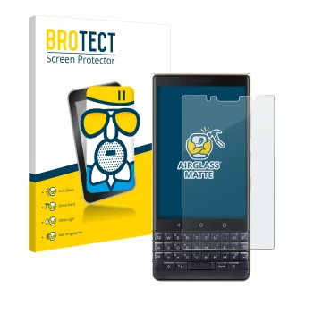 Parte frontal de un envase de producto con el logotipo de la marca BROTECT. Al lado se muestra el dispositivo BlackBerry Key2 