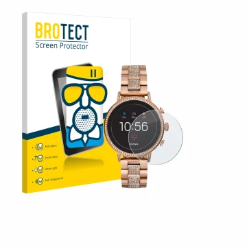 Parte frontal de un envase de producto con el logotipo de la marca BROTECT. Al lado se muestra el dispositivo Fossil Q Venture