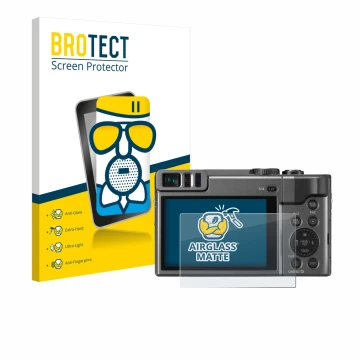 Parte frontal de un envase de producto con el logotipo de la marca BROTECT. Al lado se muestra el dispositivo Panasonic Lumix 