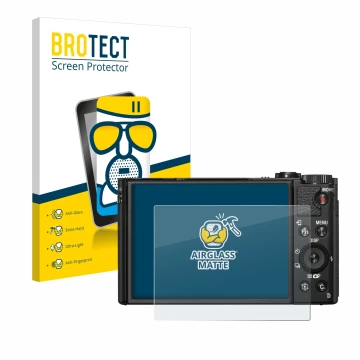 Parte frontal de un envase de producto con el logotipo de la marca BROTECT. Al lado se muestra el dispositivo Sony Cyber-Shot 