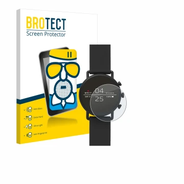 Parte frontal de un envase de producto con el logotipo de la marca BROTECT. Al lado se muestra el dispositivo Skagen Smartwatc