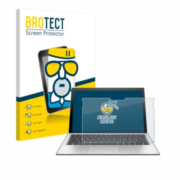 Parte frontal de un envase de producto con el logotipo de la marca BROTECT. Al lado se muestra el dispositivo HP Elite x2 1013