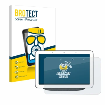 Parte frontal de un envase de producto con el logotipo de la marca BROTECT. Al lado se muestra el dispositivo Google Home Hub 