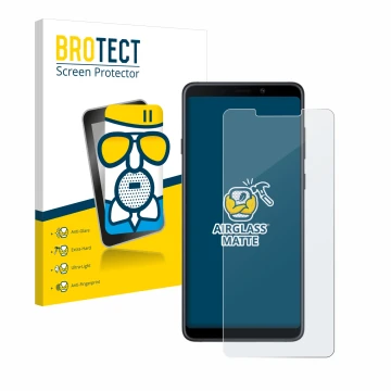 Parte frontal de un envase de producto con el logotipo de la marca BROTECT. Al lado se muestra el dispositivo Samsung Galaxy A