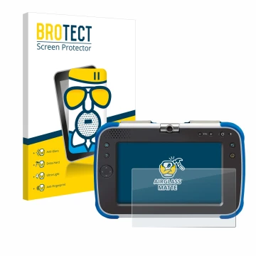 Parte frontal de un envase de producto con el logotipo de la marca BROTECT. Al lado se muestra el dispositivo Vtech Storio Max