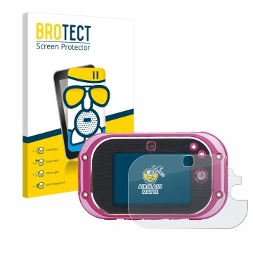Parte frontal de un envase de producto con el logotipo de la marca BROTECT. Al lado se muestra el dispositivo Vtech Kidizoom T