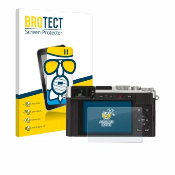 Parte frontal de un envase de producto con el logotipo de la marca BROTECT. Al lado se muestra el dispositivo Leica D-Lux 7 co