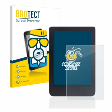 Parte frontal de un envase de producto con el logotipo de la marca BROTECT. Al lado se muestra el dispositivo Tolino Shine 3 c