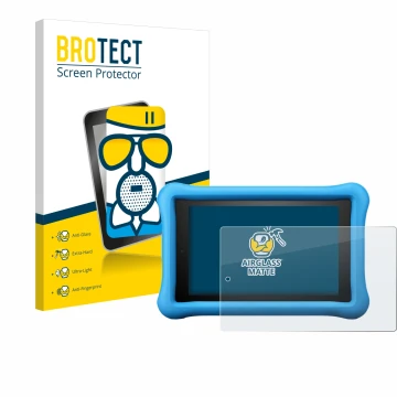 Parte frontal de un envase de producto con el logotipo de la marca BROTECT. Al lado se muestra el dispositivo Amazon Fire HD 8