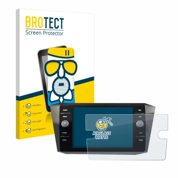 Parte frontal de un envase de producto con el logotipo de la marca BROTECT. Al lado se muestra el dispositivo Volkswagen Tigua