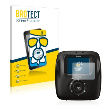 Parte frontal de un envase de producto con el logotipo de la marca BROTECT. Al lado se muestra el dispositivo Fujifilm Instax 
