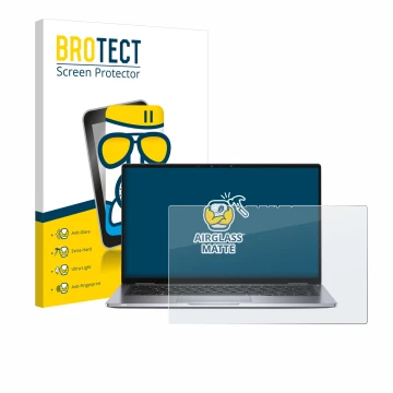 Parte frontal de un envase de producto con el logotipo de la marca BROTECT. Al lado se muestra el dispositivo Dell Latitude 74