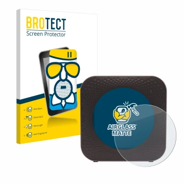 Parte frontal de un envase de producto con el logotipo de la marca BROTECT. Al lado se muestra el dispositivo Netgear Nighthaw