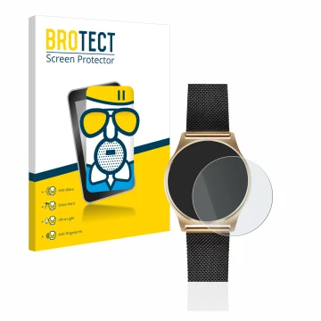 Parte frontal de un envase de producto con el logotipo de la marca BROTECT. Al lado se muestra el dispositivo Xlyne X-Watch Jo