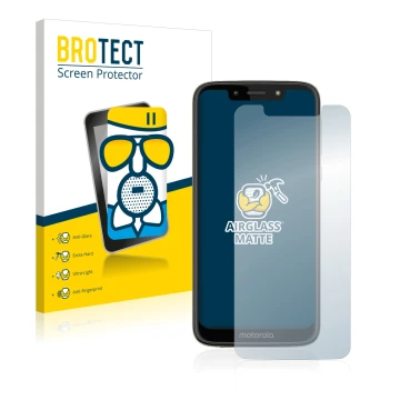 Parte frontal de un envase de producto con el logotipo de la marca BROTECT. Al lado se muestra el dispositivo Motorola Moto G7
