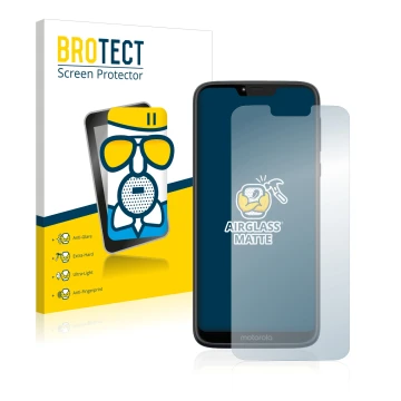 Parte frontal de un envase de producto con el logotipo de la marca BROTECT. Al lado se muestra el dispositivo Motorola Moto G7