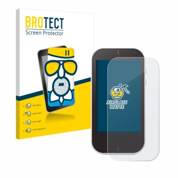 Parte frontal de un envase de producto con el logotipo de la marca BROTECT. Al lado se muestra el dispositivo Garmin Approach 