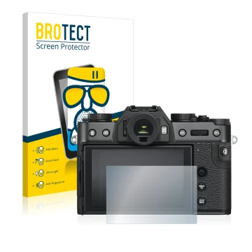 Parte frontal de un envase de producto con el logotipo de la marca BROTECT. Al lado se muestra el dispositivo Fujifilm X-T30 c